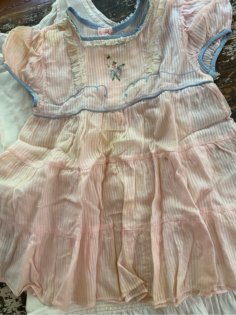 Vintage Nanette Sheer Pink Baby Dress with Blue Trim